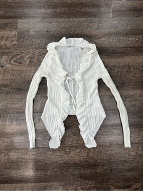 Women's Cream Ruffle Tie-Front Cardigan Sweater